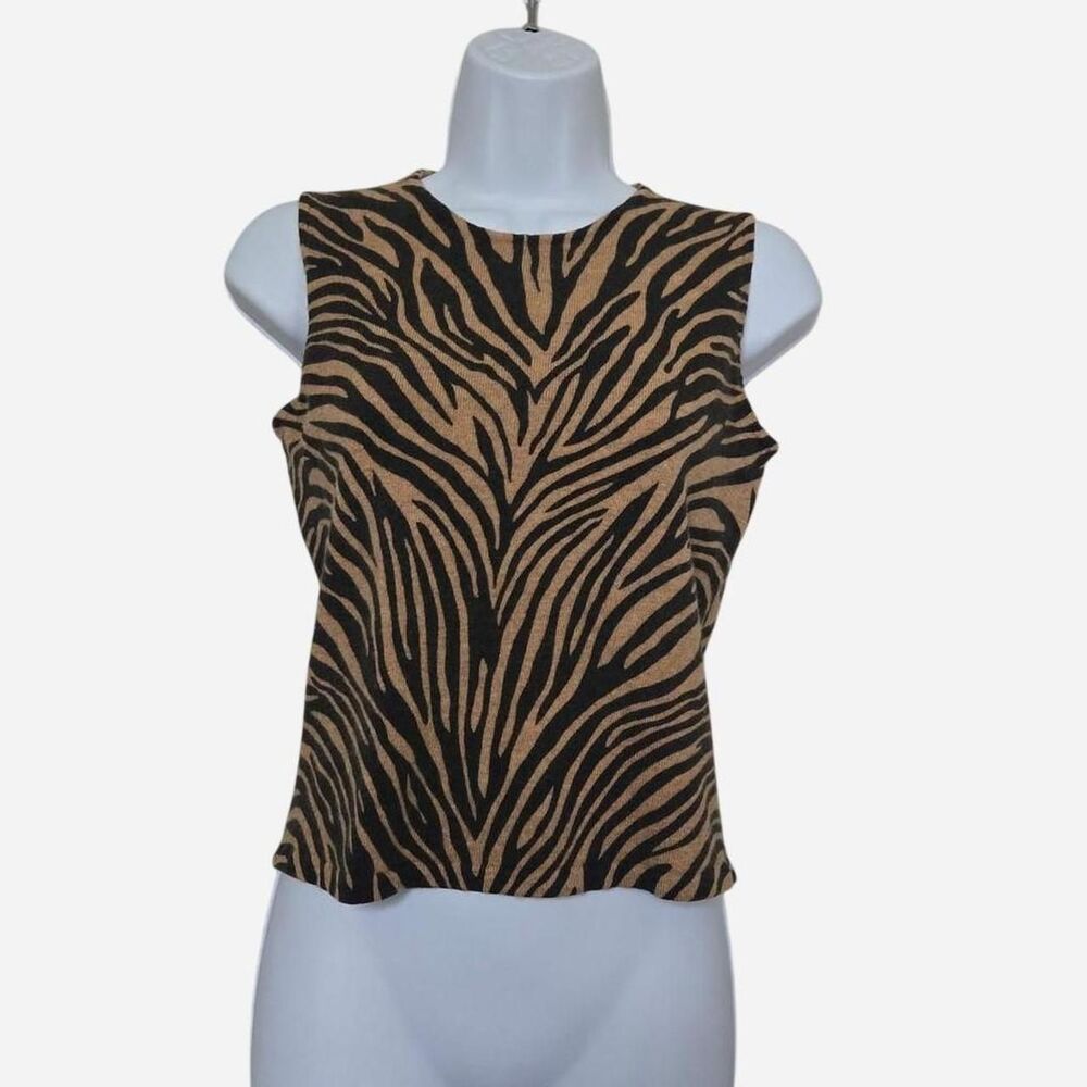 Y2K Ann Taylor Knit Tan Zebra Animal Print Sleeveless Top Small fall casual